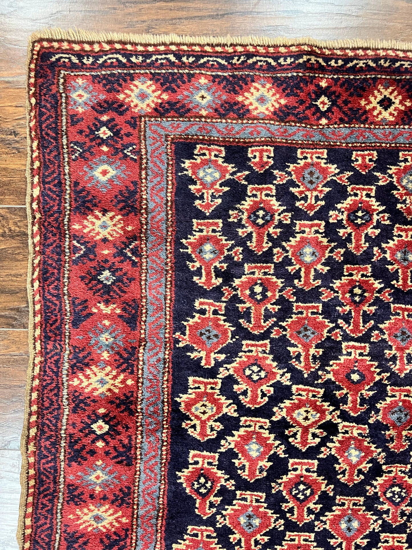Turkish Sparta Rug 3x4, Allover Pattern, Navy Blue and Red, Antique Ispara Oriental Carpet 3 x 4, Small Turkish Handmade Vintage Wool Rug