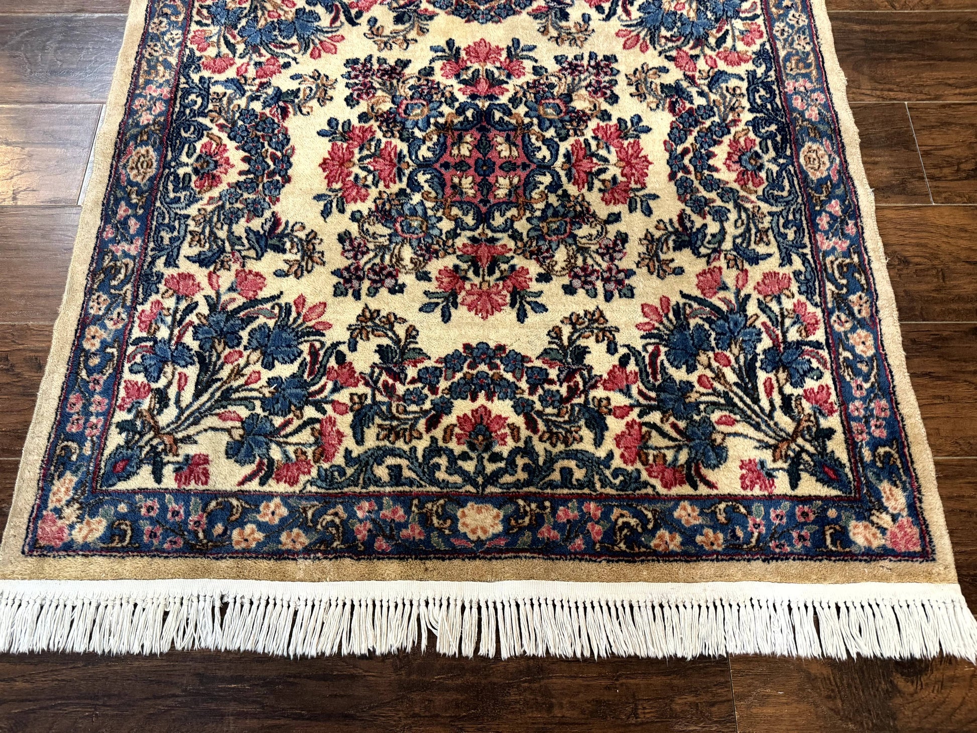 Square Persian Kerman Rug 4x4, Ivory Blue Pink, Handmade, Fine 225 KPSI