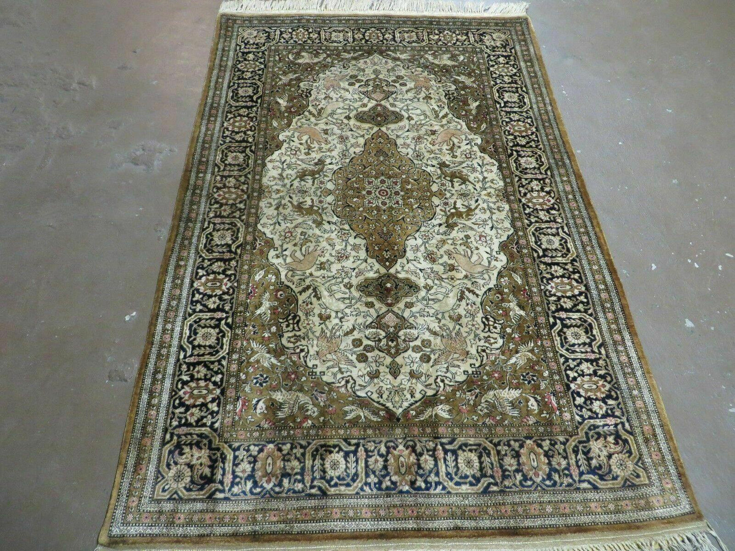 Handmade Silk Rug 3x5, Vintage Antique Silk Carpet, Hand-Knotted Oriental Rug 3 x 5, Animal Motifs, Deer Birds, One-Of-A-Kind