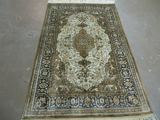 Handmade Silk Rug 3x5, Vintage Antique Silk Carpet, Hand-Knotted Oriental Rug 3 x 5, Animal Motifs, Deer Birds, One-Of-A-Kind