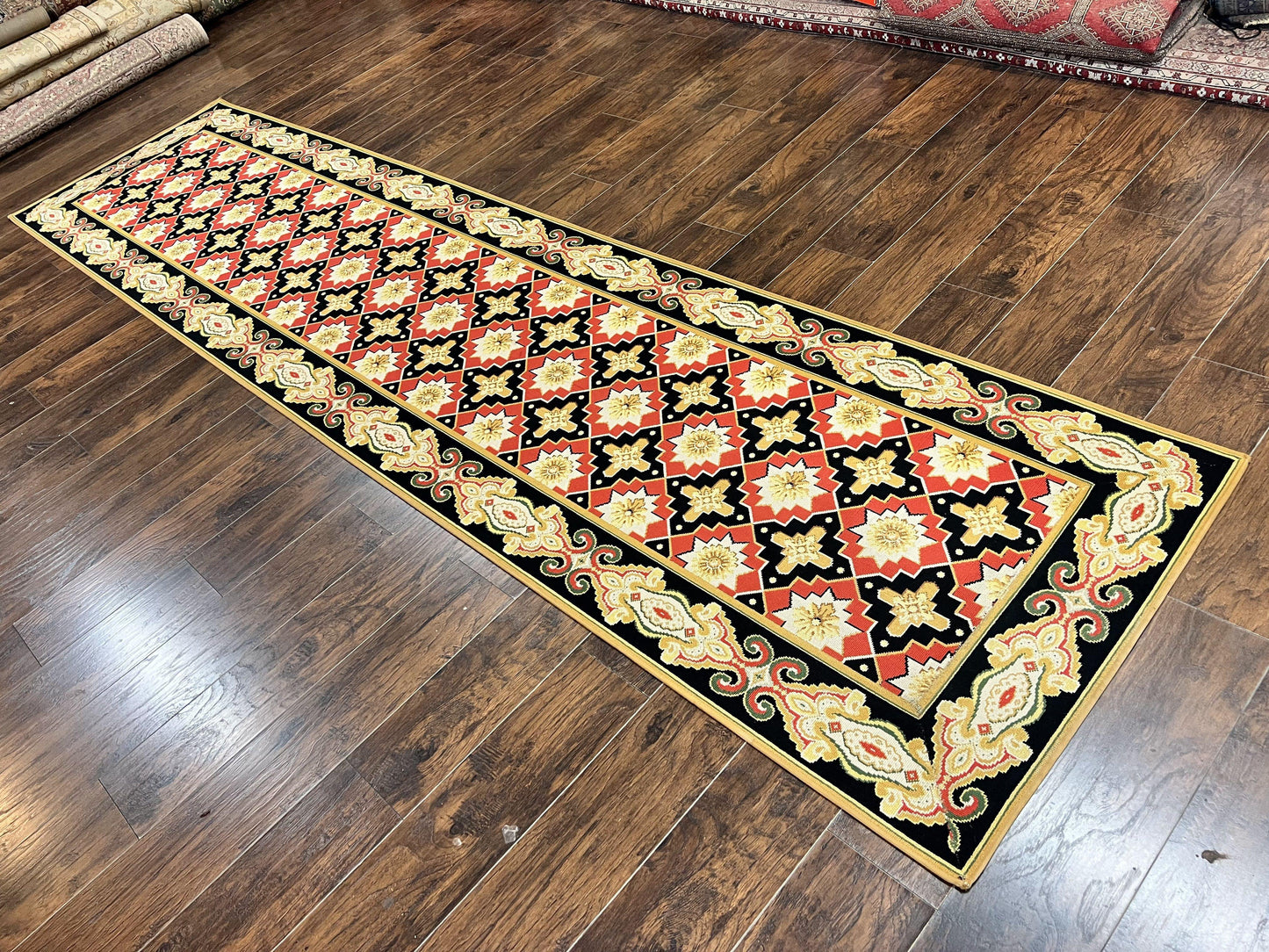 Vintage Runner Rug 3.5 x 14, Long Runner Rug, Stark Custom Made Carpet, European Design, Red Black Ivory Tan, Long Rug for Hallway