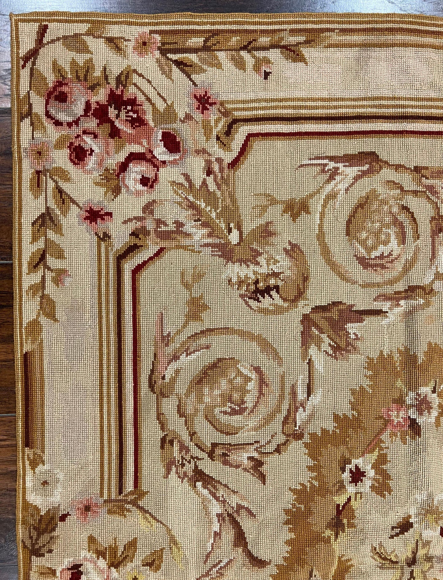 Aubusson Needlepoint Rug 4x5 ft, Beige and Tan, Aubusson Savonnerie Vintage Carpet, Handwoven Handmade Wool Rug, European Design Floral Rose