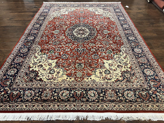 Fine Sino Persian Rug 7x10 ft, Floral Central Medallion Oriental Carpet, Red Navy Blue Cream, Hand Knotted Wool Traditional Vintage Rug