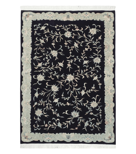 6x9 Vintage Black Gray Chinese Rug 120 Lines Wool Carpet Floral Design Hand-Knotted Soft Pile Entryway Rug Foyer Rug Nice