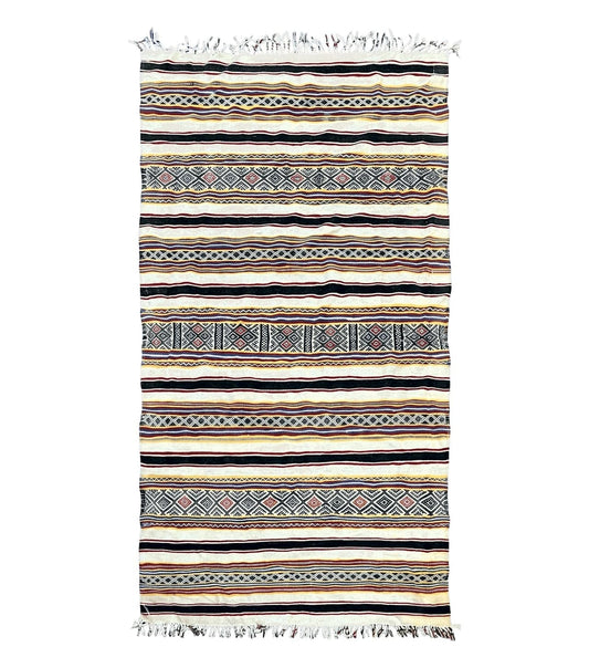 South American Kilim Rug 4x7 ft, Wool Handmade Vintage Carpet, Ivory Black Multicolor Stripes, Bohemian Blanket Rug, Flatweave Area Rug
