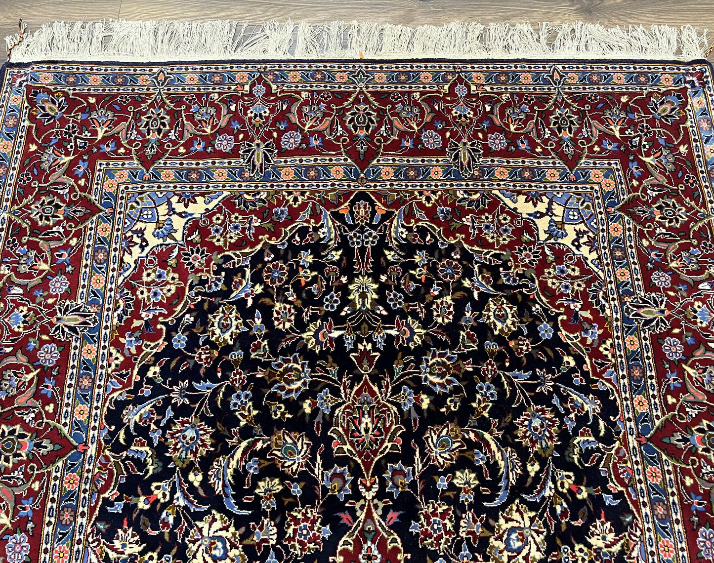 Dark Blue Persian Rug 5x8, Kork Wool Semi Antique Kashan Carpet, Very Fine Lachak Toranj Rug, Hand Knotted Floral Medallion Rug, 5 x 8 Oriental Rug