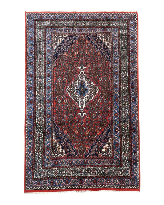 Persian Tribal Rug 6x11, Red Blue Ivory, Antique Persian Carpet, Hamadan Dargazin Carpet