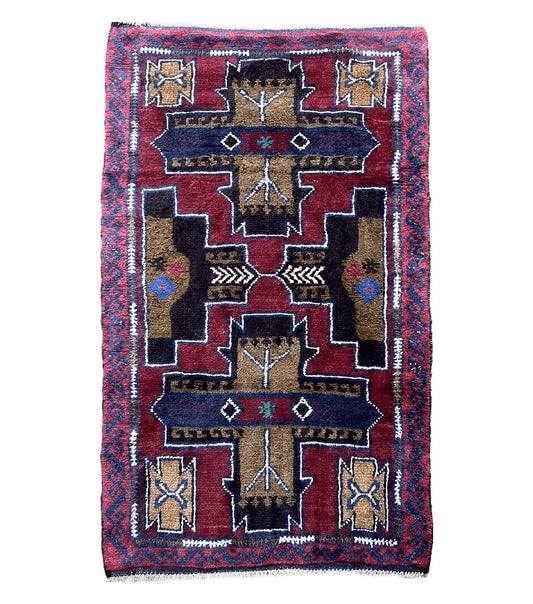 2' 10" X 4' 9" Vintage Handmade Tribal Wool Rug Balouchi Rug Afghan Rug Red Blue