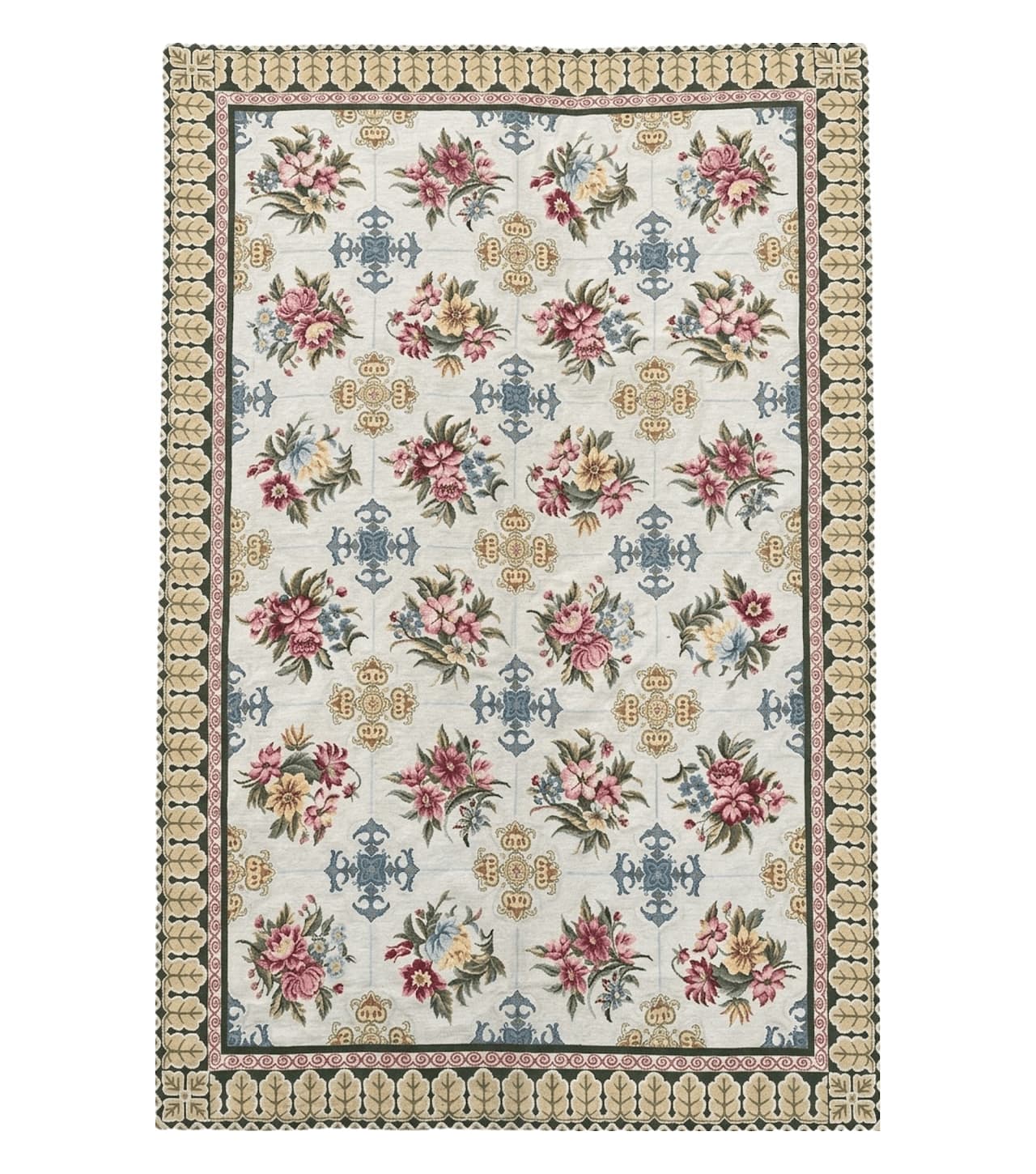 Hand-Knotted Needlepoint Carpet 6x9, Ivory/Cream Background, Colorful Flowers, Yellow Border, Aubusson Rug 6 x 9, New, Handmade