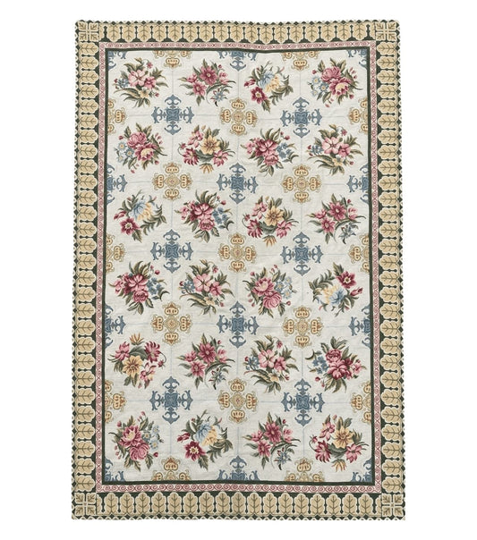 Hand-Knotted Needlepoint Carpet 6x9, Ivory/Cream Background, Colorful Flowers, Yellow Border, Aubusson Rug 6 x 9, New, Handmade