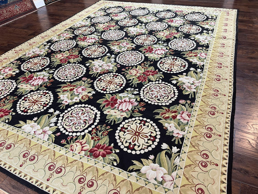 9x12 Black Needlepoint Rug, European Floral Panel Design, Handwoven, Vintage Chinese Needlepoint, Black Green Beige, Wool Rug 9 x 12