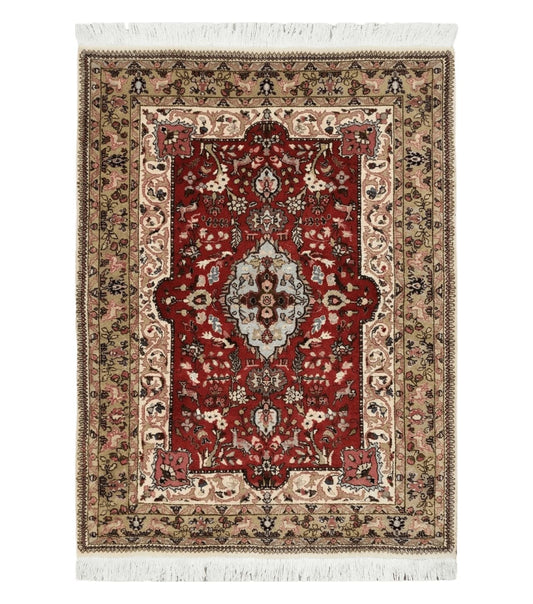 5' X 6' Vintage Handmade Indian Agra Wool Red and Beige Oriental Rug Traditional Classical Interior Home Décor