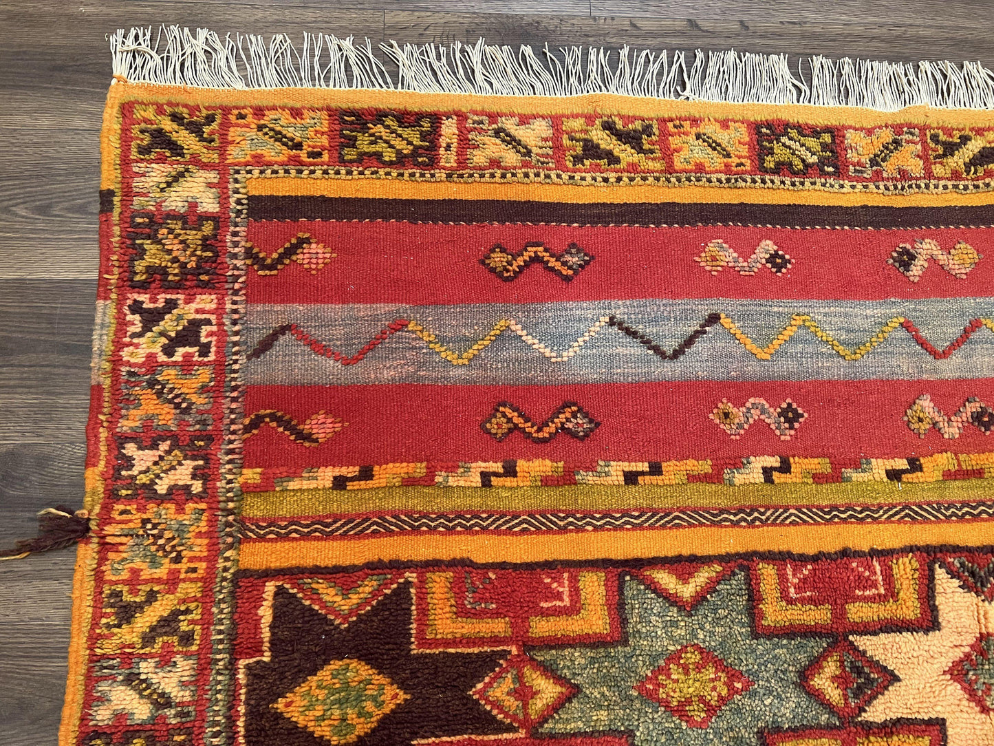 Unique Moroccan Rug 7x10, Room Sized Carpet, Red Orange Gray, Wool Oriental Striped Geometric Tribal Boho Rug, Flatweave with Raised Pile