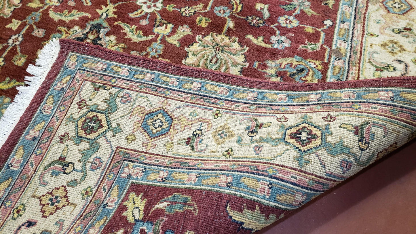 8x12 Indo-Mahal Rug, Floral Allover, Red & Beige, Wool Vintage Handmade Traditional Carpet