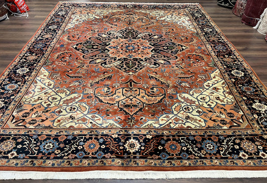 Indo Persian Heriz Rug 9x12, Geometric Medallion, Vintage Oriental Carpet, Handmade Room Sized Wool Heriz Serapi Rug, Red Navy Blue Cream
