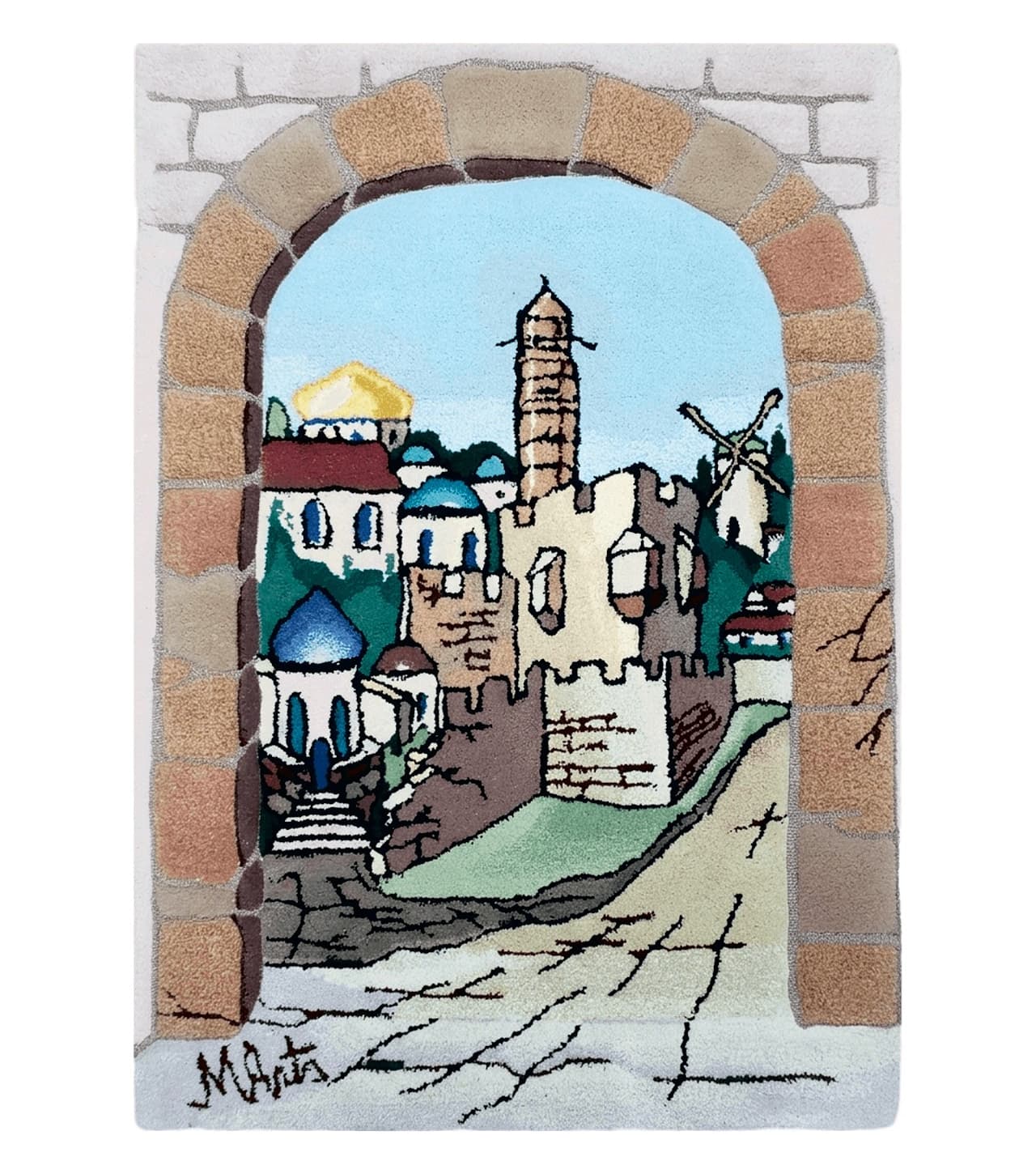 Small Judaica Rug, Rug with Jerusalem Pictorial, Chanuka Gift, Hand-Tufted, Jerusalem Gate, Vintage Judaica, Western Wall Rug, 3x4 Rug