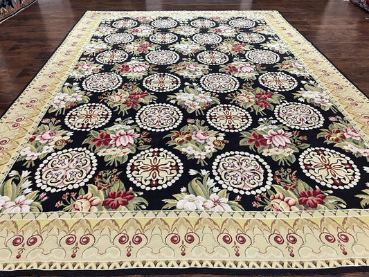9x12 Black Needlepoint Rug, European Floral Panel Design, Handwoven, Vintage Chinese Needlepoint, Black Green Beige, Wool Rug 9 x 12