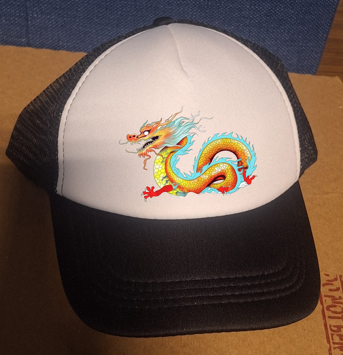 Adjustable Trucker Baseball Cap with Chinese Dragon Artwork