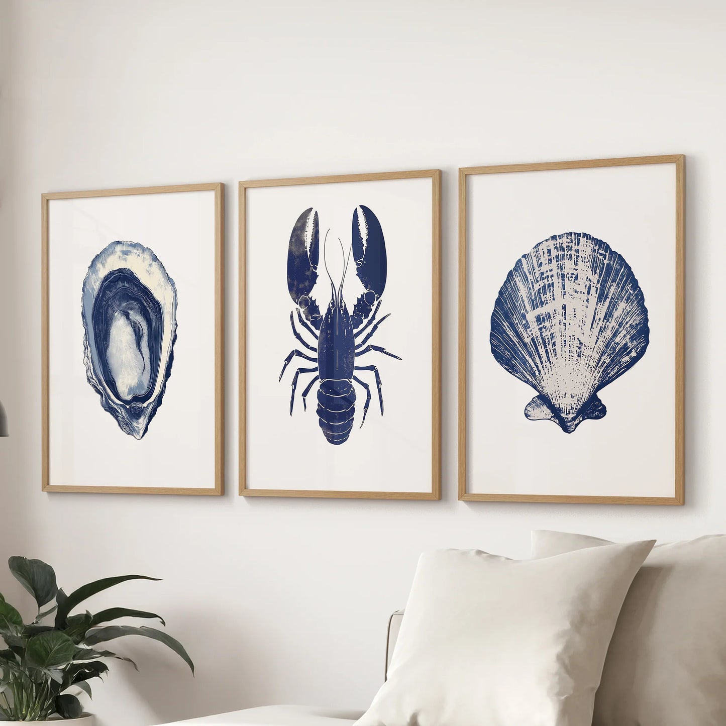 Lobster, Shell Nautical Prints.Coastal Set of 3 Piece