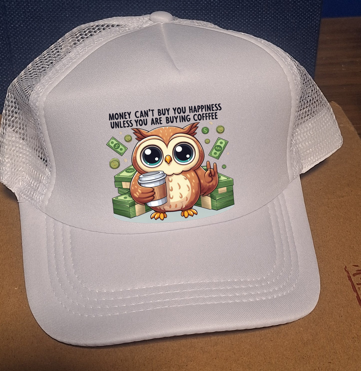 Adjustable Trucker Baseball Hat Cap Money Cant Buy Happiness Coffee Owl
