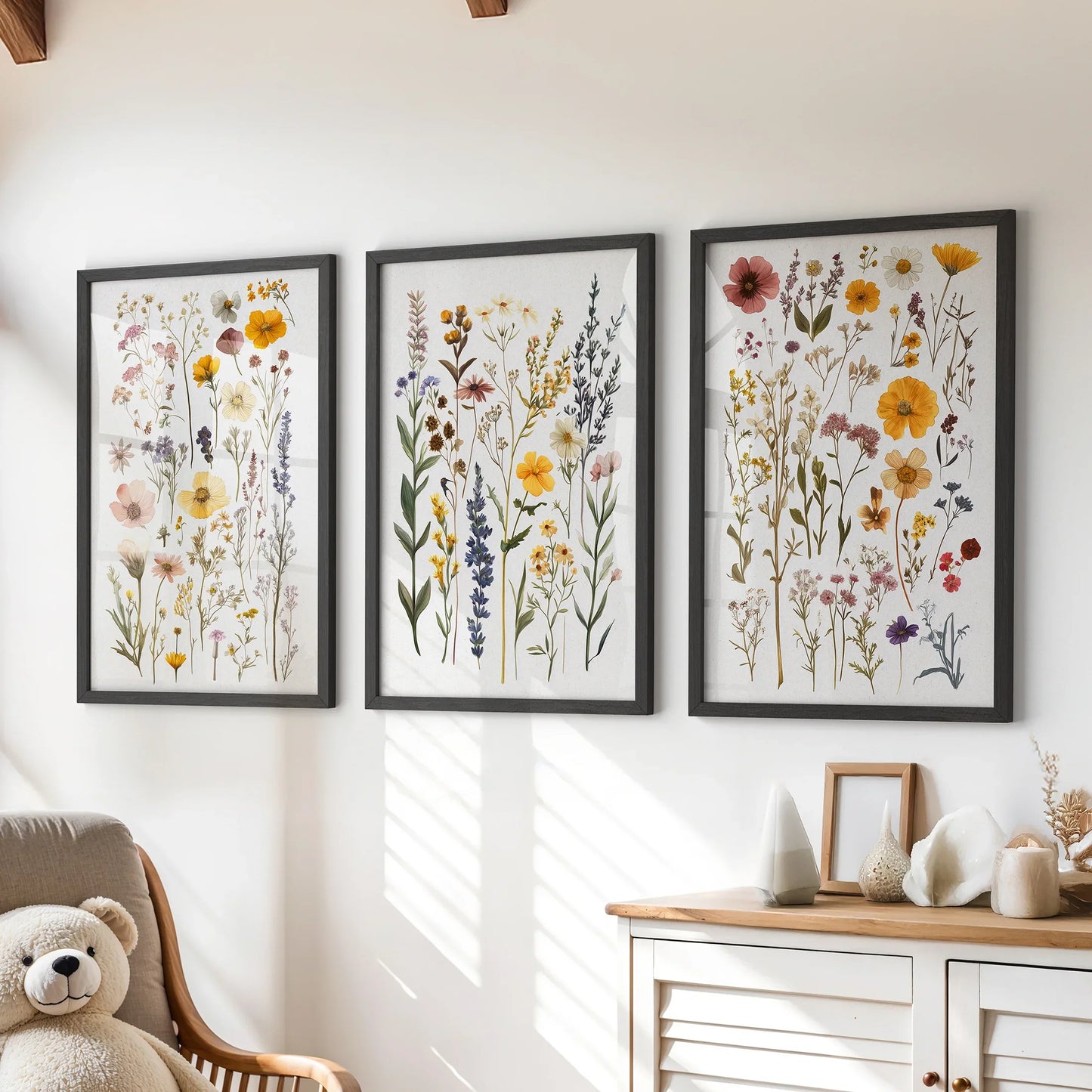 Boho Floral 3 Piece Wall Art. Pressed Flowers Print Set