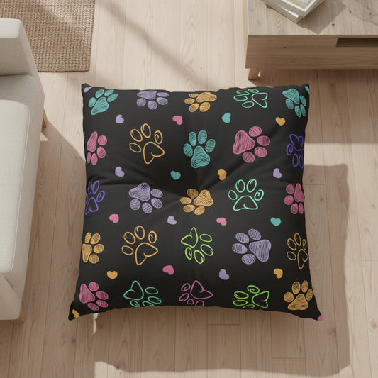 Colorful Paw Print Tufted Floor Pillow - Perfect for Pet Lovers