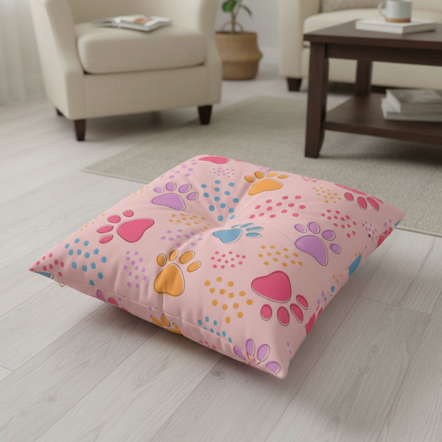 Colorful Pet Paw Print Tufted Floor Pillow