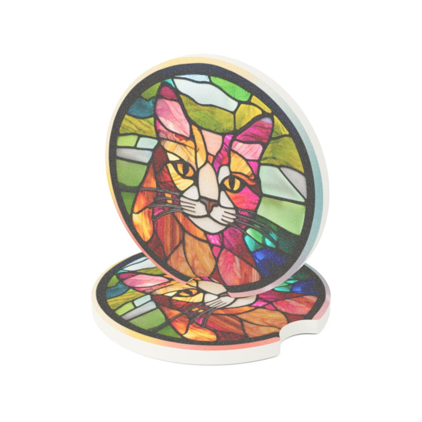 Stained Glass Cat Car Coasters | Absorbent Soapstone Cup Holder Coasters