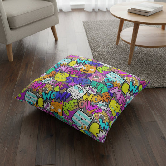 Comical Cat-Themed Tufted Floor Pillow - Perfect for Pet Lovers!