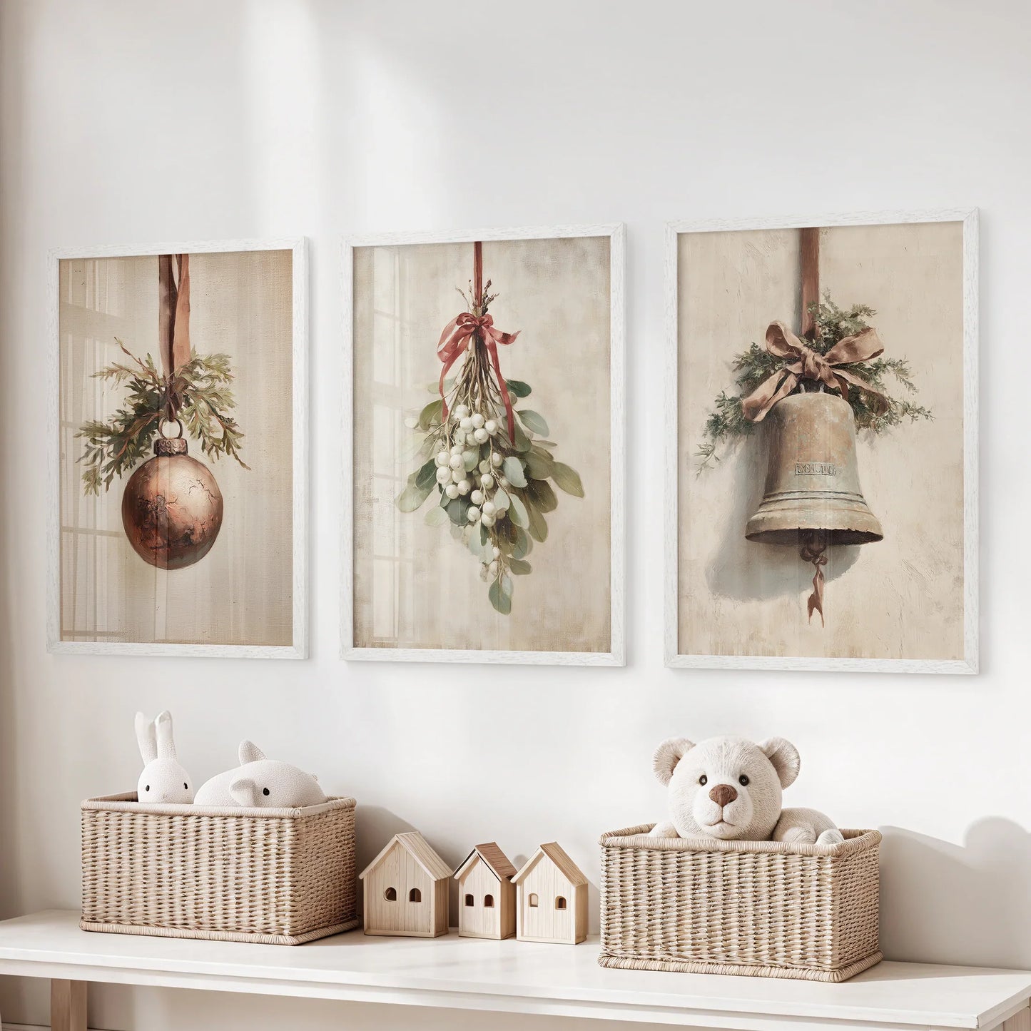 Rustic Holiday Set of 3 Prints: Vintage Christmas Bell Art