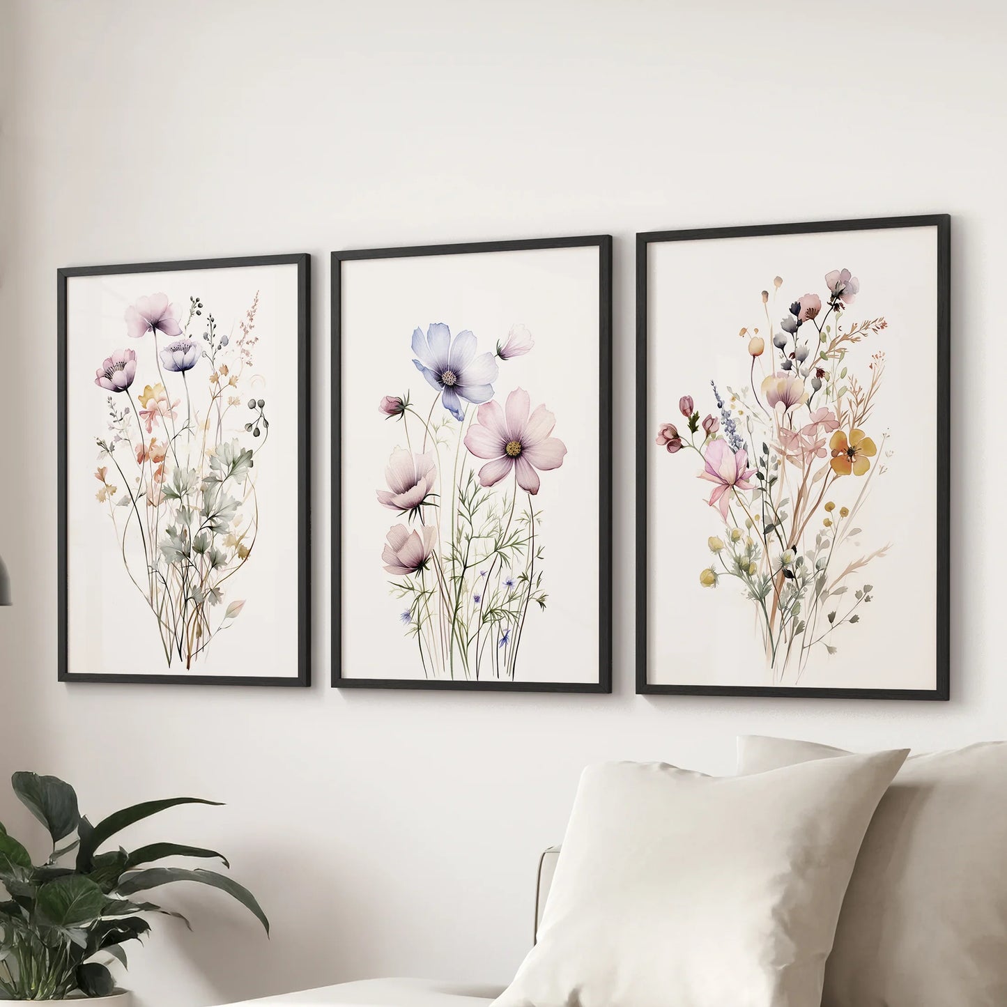 Watercolor Floral Wall Art. Set of 3 Botanical Prints