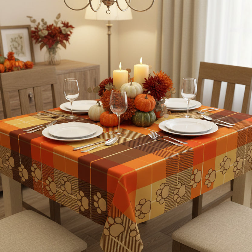 Autumn Plaid Tablecloth with Paw Prints