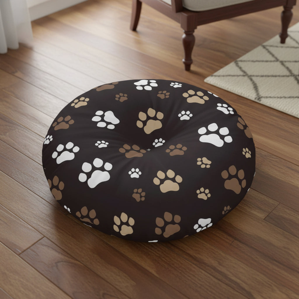 Cozy Tufted Floor Pillow with Paw Print Design - Pet Lover's Essential