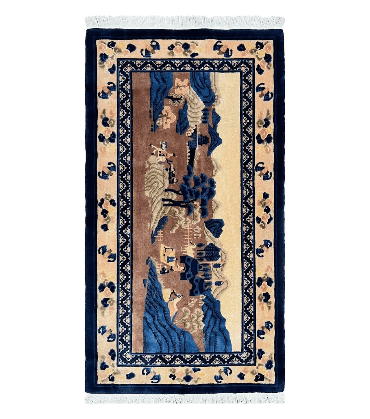 Antique Chinese Pictorial Rug 2.7 x 5, Chinese Village and Hills Carpet, Beige and Dark Blue, Handmade, Horizontal Rug Wall Hanging Tapestry
