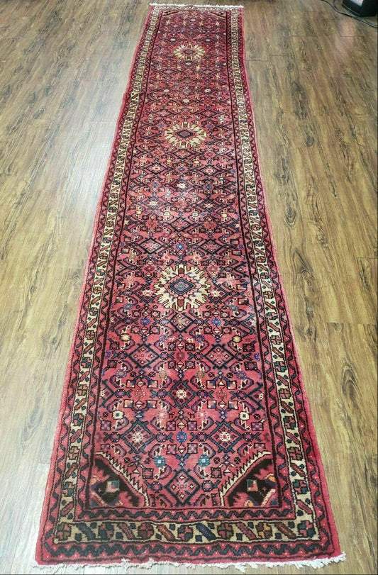 Persian Hamadan Runner Rug 2.8 x 14, Red, Vintage Handmade Wool Runner Rug
