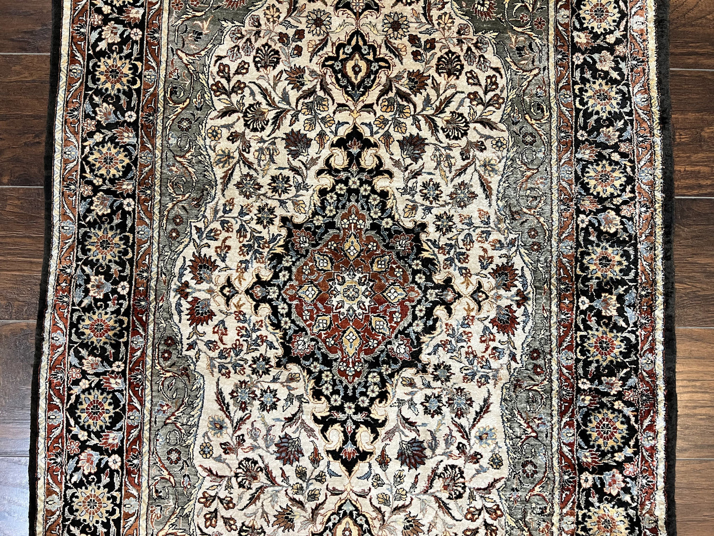 Silk Sino Persian Rug 3x5, Floral Medallion, Hand Knotted Silk Pile Silk Foundation, Traditional Silk Handmade Oriental Carpet, Cream Black