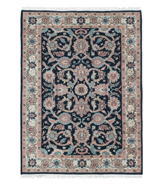 Vintage Indo Persian Mahal Area Rug 4x6, Wool Hand-Knotted Midnight Blue & Ivory Floral Design Indian Carpet, 4 x 6 Traditional Oriental Rug
