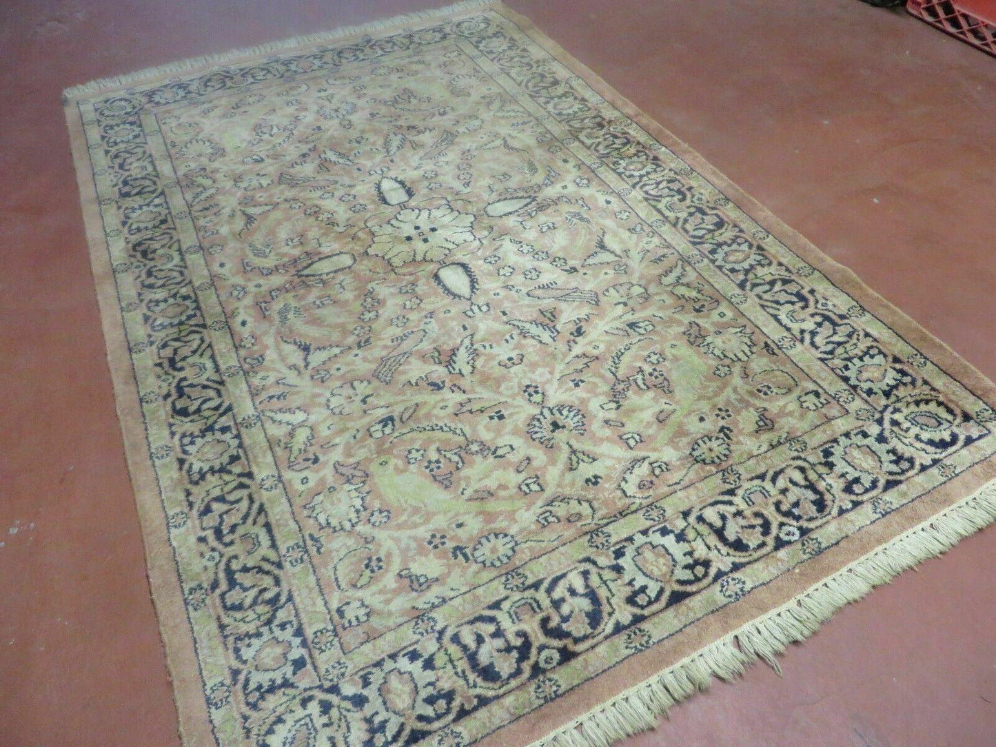 Indian Silk Rug 4x6, Indian Kashmiri Silk Carpet 4 x 6 ft, Vintage Hand Knotted Floral Bird Motifs, Light Pink and Navy Blue, Silk on Cotton