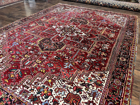 Persian Heriz Rug 10x13, Wool Hand Knotted Vintage Carpet, Geometric Medallion Tribal Oriental Rug, Red & Ivory, 10 x 13 Large Sized Rug