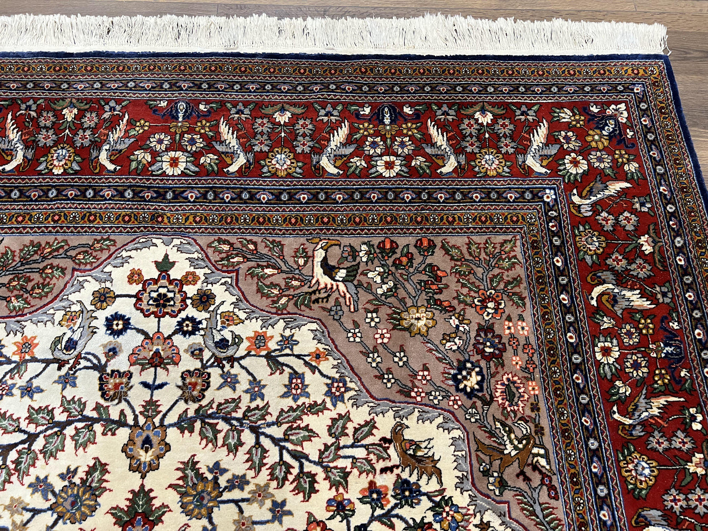 Beautiful Sino Persian Rug 7x10, Circle of Life Tree of Life Rug, Birds, Cream Red Navy Blue Taupe, Wool Silk Accents, Hand Knotted Vintage
