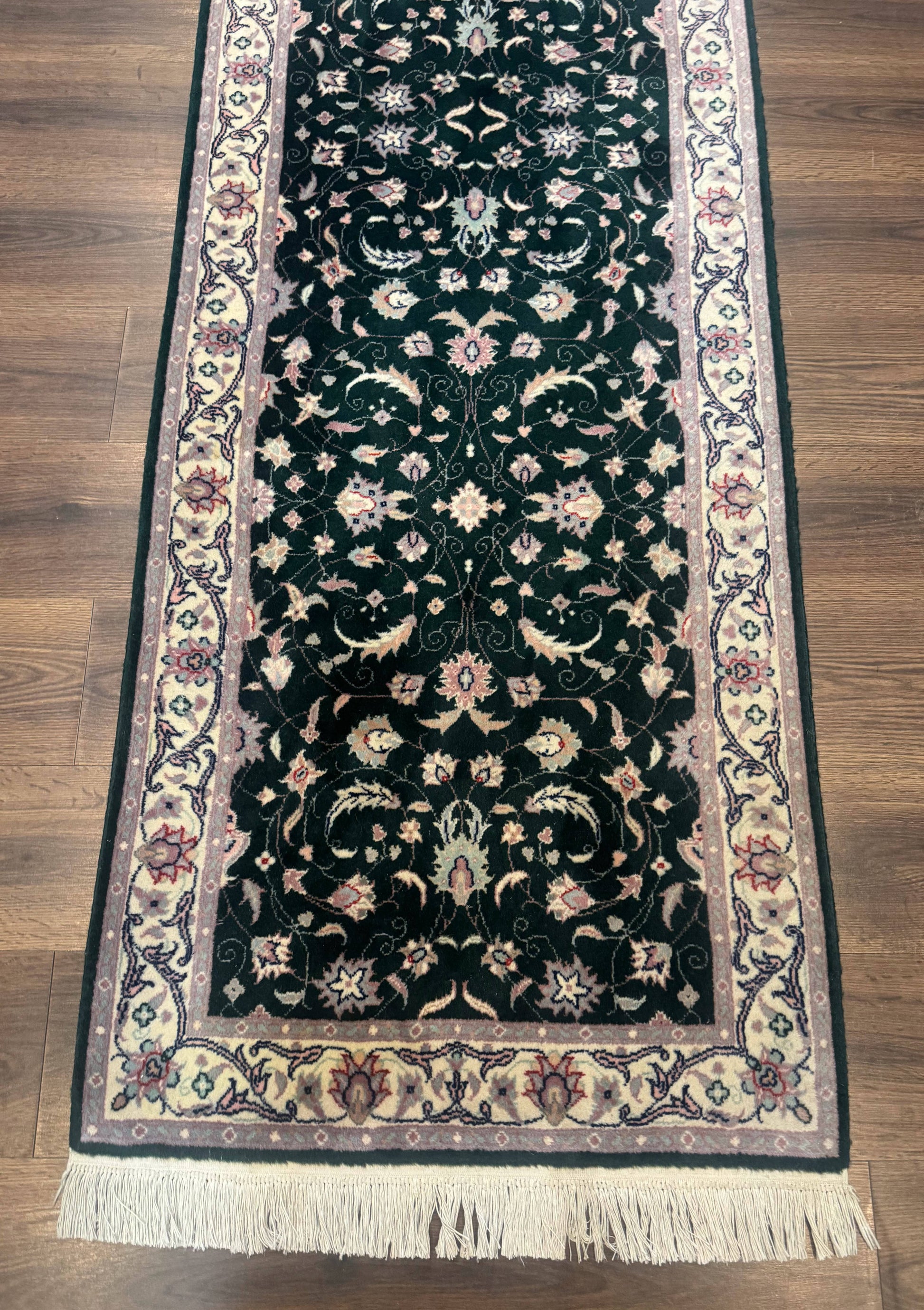 Pak Persian Runner Rug 2.6 x 10, Dark Green and Beige, Floral Allover