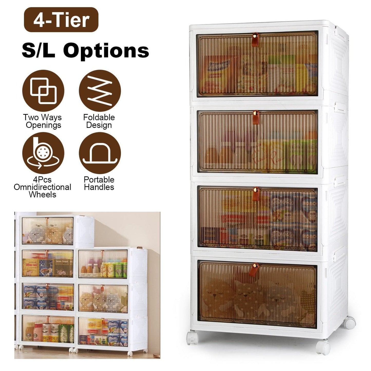 4-Tier Foldable Storage Bins with Lid Front Magnetic Door Collapsible Stackable Closet Organizer Containers with 4Pcs 360¡ Rotatable Wheels