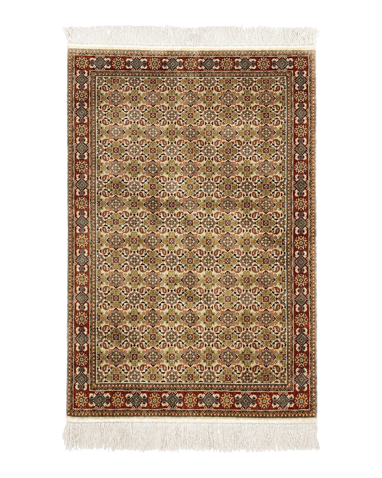 Turkish Kayseri Silk Rug 4x6, Hand Knotted Handmade Vintage Allover Pattern, Fine Silk Oriental Carpet 4 x 6 ft, Traditional Rug, Cream