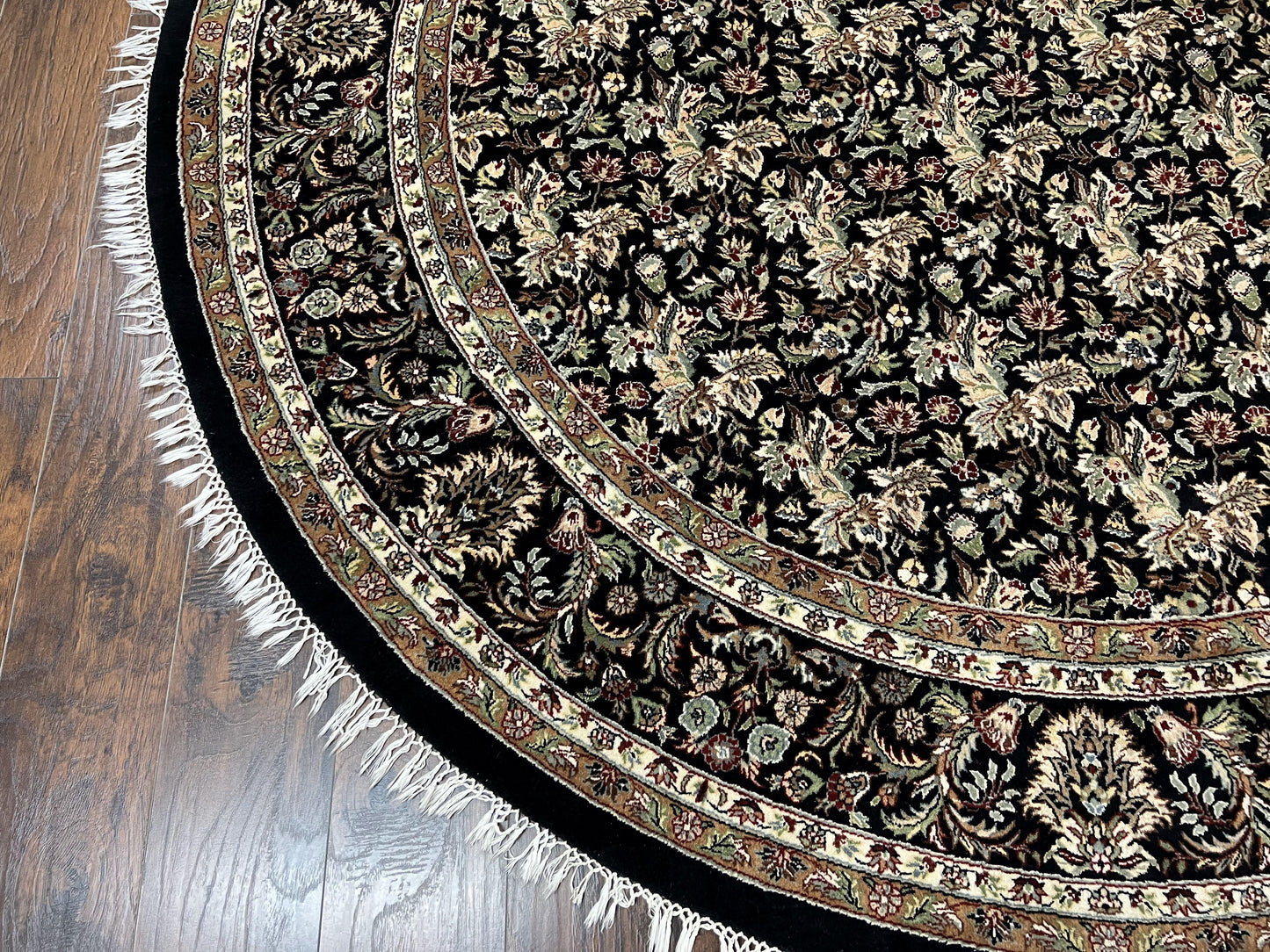 Round Oriental Rug 8x8 ft, William Morris Floral Pattern Carpet, 8 x 8 ft Round Rug, Black Cream and Tan 8ft Round Handmade Indo Persian Rug
