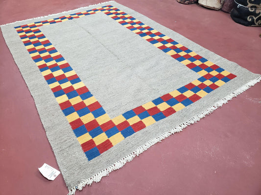 New Turkish Kilim Area Rug, Gray Carpet With Colorful Checker Border, 5'6" x 8", Flatweave Carpet, Playroom Rug, Kids Room Rug, Hand-Knotted