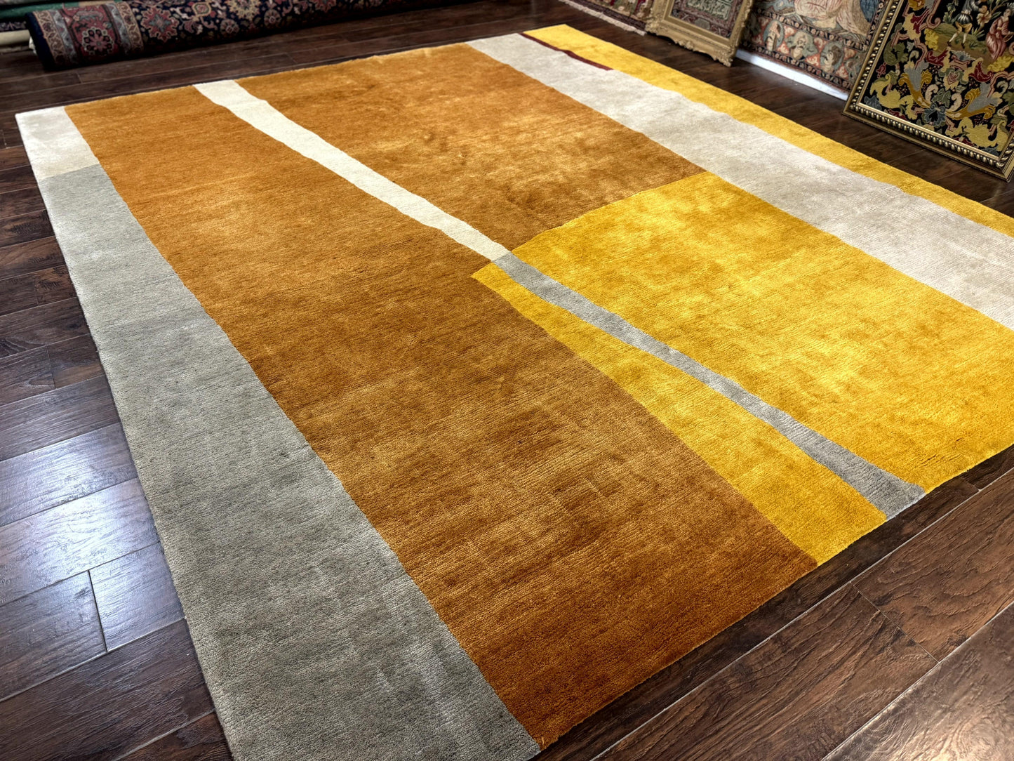 Modern Tibetan Rug 9x10, Wool Handmade Tibetan Area Rug, Abstract Multicolor