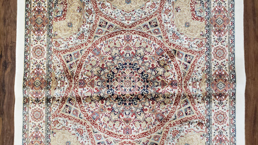 Persian Design Silk Accent Rug, Dome Medallion, Allover Pattern Oriental Carpet, Small Silk Rug, Cream, Ivory, Bamboo Silk, 2' 8" x 4' 1"
