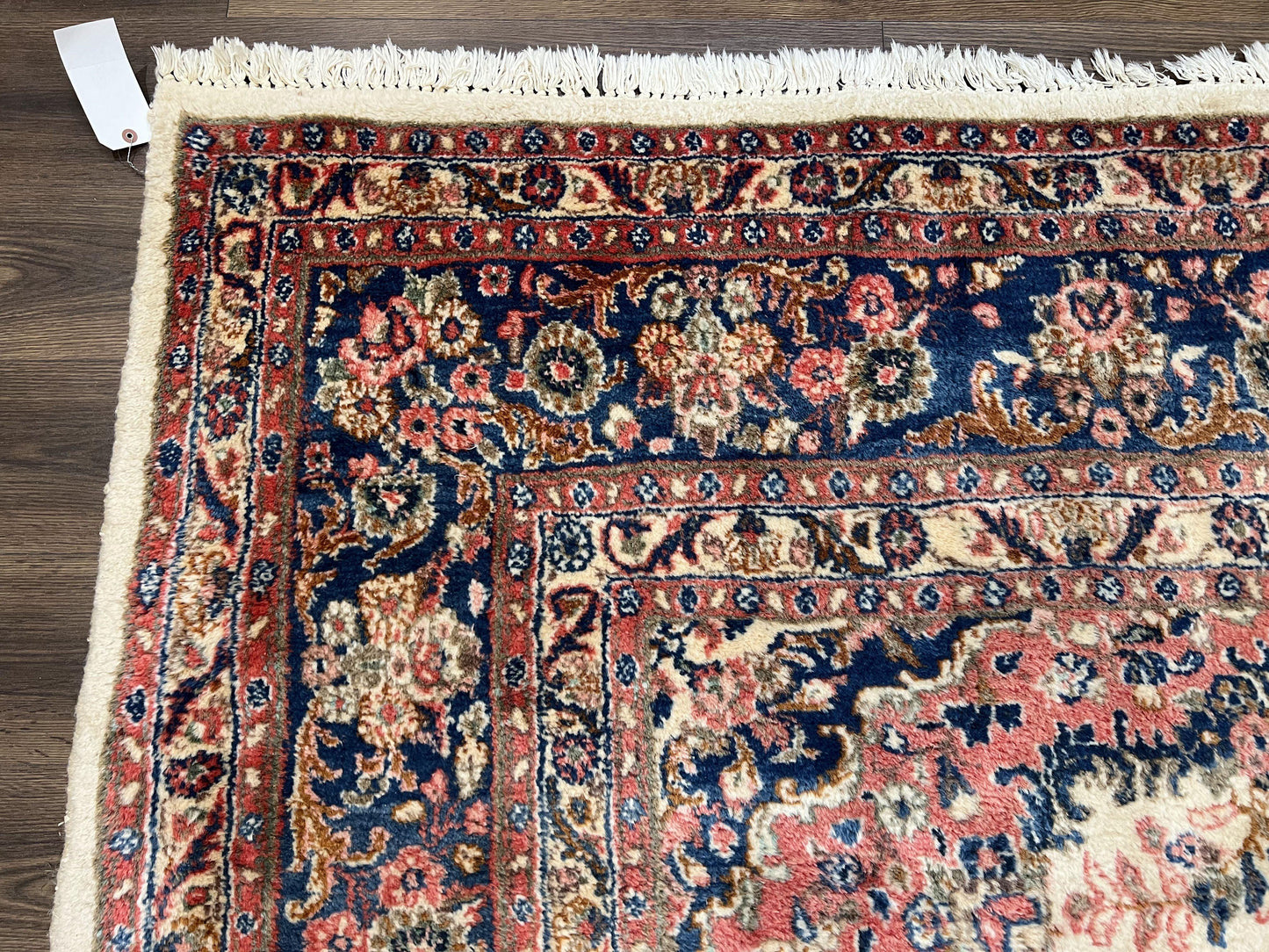 Persian Rug 9x10, Hamadan Rug, Antique Oriental Carpet, Wool Rug, Semi Open Field, Cream and Navy Blue, Kirman Design Hand Knotted Almost Square Rug