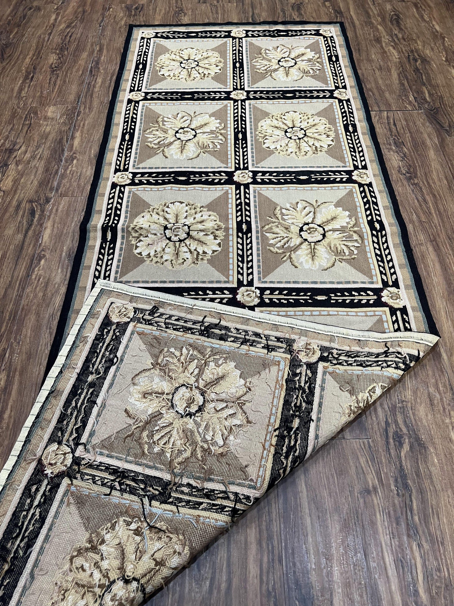 Needlepoint Runner Rug 3x8 Panel Design Rug, Flatweave Runner Rug, English Design, Floral, Short Runner Rug, Black and Beige Wool Hand-Woven