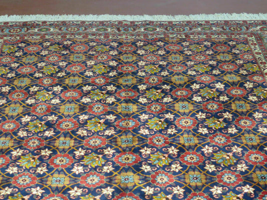 Navy Blue Antique Persian Rug 7x11, Veramin Mina Khani Repeated Allover Pattern, Vintage Authentic Hand Knotted Handmade Wool Room Sized Carpet